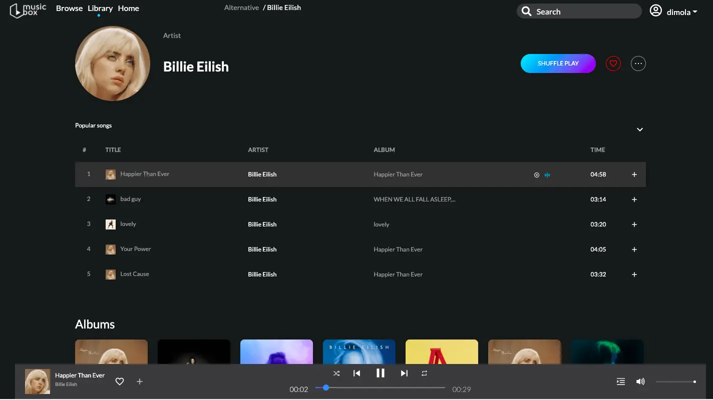 Screenshot of Music Box — A music streaming app with playlists, search and authentication, built on the Deezer API
