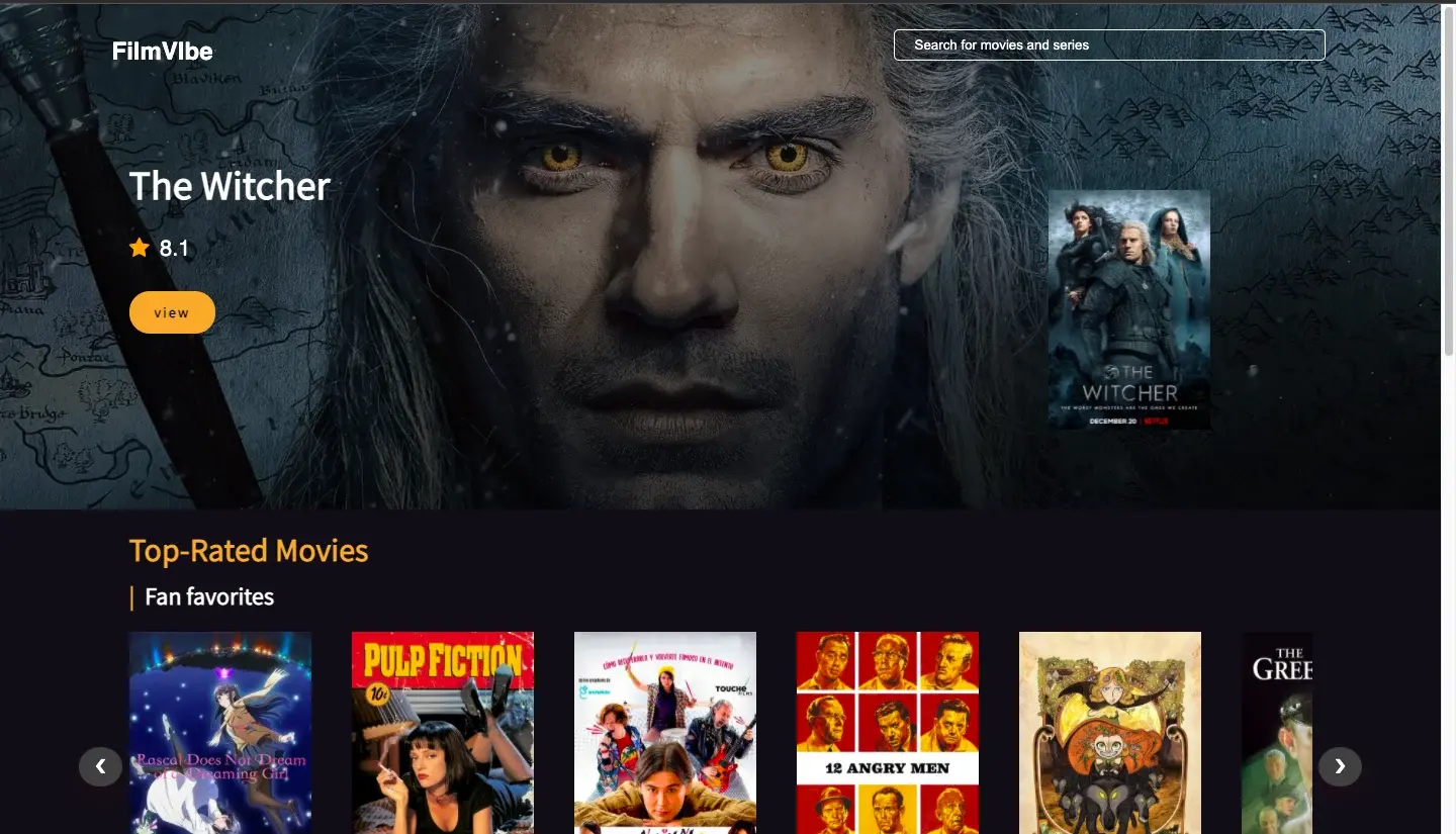 Screenshot of FilmVibe — Search movies and TV shows, with details pulled from TheMovieDB API
