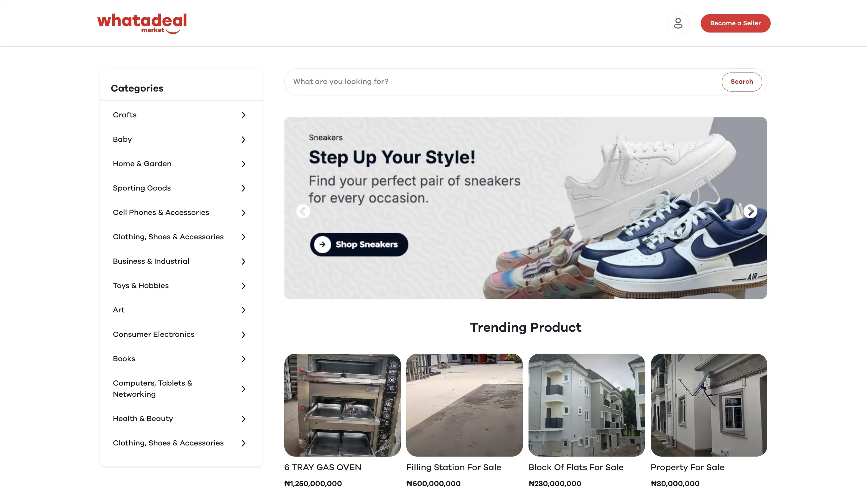 Screenshot of Whatadeal Marketplace — Marketplace connecting vendors and buyers across Africa